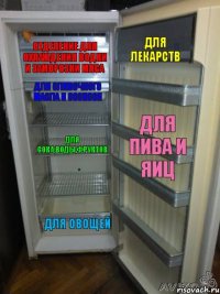 отделение для охлаждения водки и заморозки мяса для сливочного масла и сосисок для сока,воды,фруктов для овощей для лекарств для пива и яиц