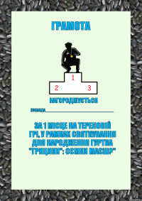 грамота нагороджується команда________________________________ за 1 місце на тереновій грі, у рамках святкування дня народження гуртка "грицики": сємки маєш?"