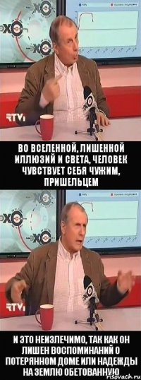 во вселенной, лишенной иллюзий и света, человек чувствует себя чужим, пришельцем и это неизлечимо, так как он лишен воспоминаний о потерянном доме или надежды на землю обетованную