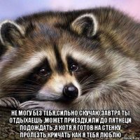  не могу без тебя,сильно скучаю,завтра ты отдыхаешь ,может приезду,или до пятнеци подождать ,а котя я готов на стенку пролезть кричать как я тебя люблю