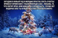 загадаю в новый год я желание простое: пусть счастье принесет время нам с тобою. впереди у нас - любовь, та, что светит ярко. нам вдвоем все время быть - лучше нет подарка! олег ты в моих мыслях!! твоя вера внера) 