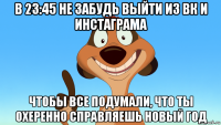 в 23:45 не забудь выйти из вк и инстаграма чтобы все подумали, что ты охеренно справляешь новый год