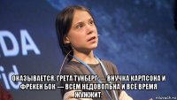  оказывается, грета тунберг — внучка карлсона и фрекен бок — всем недовольна и всё время жужжит.