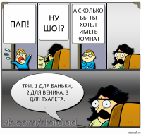 Пап! Ну шо!? А сколько бы ты хотел иметь комнат Три. 1 для баньки, 2 для веника, 3 для туалета.