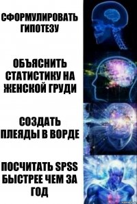 Сформулировать гипотезу Объяснить статистику на женской груди Создать плеяды в ворде Посчитать spss быстрее чем за год