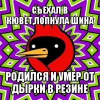 съехал в кювет,лопнула шина родился и умер от дырки в резине