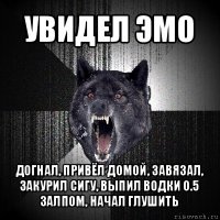 увидел эмо догнал, привёл домой, завязал, закурил сигу, выпил водки 0.5 залпом, начал глушить