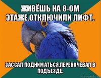 живёшь на 8-ом этаже.отключили лифт. зассал подниматься,переночевал в подъезде.