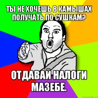 ты не хочешь в камышах получать по сушкам? отдавай налоги мазебе.