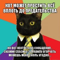 кот может простить всё вплоть до предательства но вот неответа на сообщения... скажии спасибо 2 правилу огорчать можешь меня сколь угодно ...