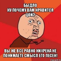 быдло
ну почему вам нравится цой? вы же все равно нихрена не понимаете смысл его песен!