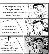 как закрыть дыру в бюджете из за спиженных миллионов минобороны? закрыть все дотационные филиалов вузов а ну на хер бесплатную медицину!Их все равно не спасти