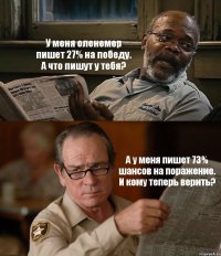 У меня оленемер пишет 27% на победу. А что пишут у тебя? А у меня пишет 73% шансов на поражение. И кому теперь верить?