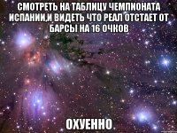 смотреть на таблицу чемпионата испании,и видеть что реал отстает от барсы на 16 очков охуенно