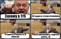 Захожу в TFS 38 задач в статусе Scheduled 8 задач In Progress и 10 Deferred Завтра увольняюсь, надо все успеть, чо