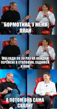 БОРМОТИНА, У МЕНЯ ПЛАН МЫ ХОДИ ПО ЗО РАЗ НА КАЖДОЙ ПЕРЕМЕНЕ В СТОЛОВУЮ, САДИМСЯ К НИМ А ПОТОМ ОНА САМА СВАЛИТ