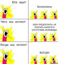 Бизнесмены 100% предоплаты, не платить налоги и отсутствие нелеквида Всегда!