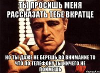 ты просишь меня рассказать тебе вкратце но ты даже не берешь во внимание то что по телефону ты ничего не поймешь