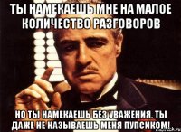 ты намекаешь мне на малое количество разговоров но ты намекаешь без уважения. ты даже не называешь меня пупсиком!