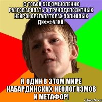 с тобой бессмысленно разговаривать о трансдепозитных нейрокорегуляторах волновых диффузий! я один в этом мире кабардинских неологизмов и метафор!