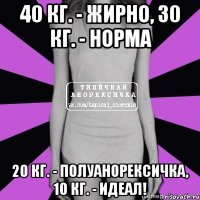 40 кг. - жирно, 30 кг. - норма 20 кг. - полуанорексичка, 10 кг. - идеал!