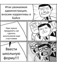 Итак уважаемая администрация, вносим коррективы в Байсе Нам нужно придумать как сделать школьников еще счастливее Ввести школьную форму!!!