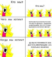 Кто мы? Журналисты из почты России -Что вы тут делаете? -Набираем информацию -Про что?Чтобы выложить в интернет фигню? - -Да вы не понимаете как достать иформацию -Ага теперь все понятно