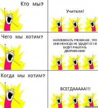 Учителя! Напоминать ученикам , что они некогда не здадут ЕГЭ и будут работать дворниками! ВСЕГДААААА!!!