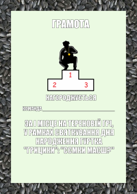 грамота нагороджується команда ____________________________ за І місце на тереновій грі, у рамках святкування дня народження гуртка "грицики": "сємки маєш?"