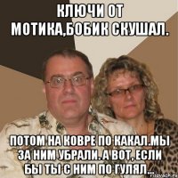 ключи от мотика,бобик скушал. потом на ковре по какал.мы за ним убрали. а вот, если бы ты с ним по гулял...