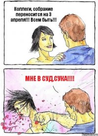 Коллеги, собрание переносится на 3 апреля!!! Всем быть!!! Мне в суд,сука!!!