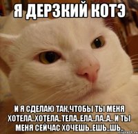 я дерзкий котэ и я сделаю так,чтобы ты меня хотела..хотела..тела..ела..ла..а.. и ты меня сейчас хочешь..ешь..шь..