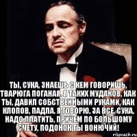 Ты, сука, знаешь с кем говоришь, тварюга поганая. Я таких мудаков, как ты, давил собственными руками, как клопов, падла. Я говорю, за все, сука, надо платить, причем по большому счету, подонок ты вонючий!