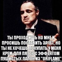 Ты проходишь ко мне и просишь поставить зачёт, но ты не хочешь покупать у меня крем для пяток с эффектом пушистых лапок из "Oriflame"