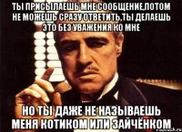 ты присылаешь мне сообщение,потом не можешь сразу ответить,ты делаешь это без уважения ко мне но ты даже не называешь меня котиком или зайчёнком