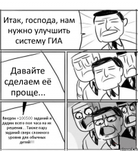 Итак, господа, нам нужно улучшить систему ГИА Давайте сделаем её проще... Введем +100500 заданий и дадим всего пол часа на их решения... Также пару заданий сверх сложного уровня для обычных детей!!!