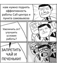 нам нужно поднять эффективность работы Call-центра и пункта самовывоза Увеличить зп? улучшить условия работы? ЗАПРЕТИТЬ ЧАЙ И ПЕЧЕНЬКИ!