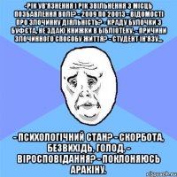 -рік ув'язнення і рік звільнення з місць позбавлення волі? - 2009 по 20013 - відомості про злочинну діяльність? - краду булочки з буфєта, не здаю книжки в бібліотеку. - причини злочинного способу життя? - студент ін'язу... - психологічний стан? - скорбота, безвихідь, голод. - віросповідання? - поклоняюсь аракіну.