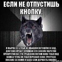 если не отпустишь кнопку, я вырву ее у тебя из мышки вставлю в зад, достану хребет сломаю его засуну обратно прокрутив на 270 градусов потом кину тебя под камаз чтоб он тебя переехал сука три раза посажу за комп и буду сам держать кнопку