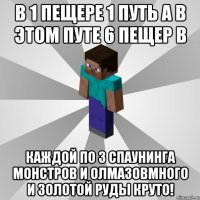 в 1 пещере 1 путь а в этом путе 6 пещер в каждой по 3 спаунинга монстров и олмазовмного и золотой руды круто!