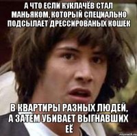 а что если куклачёв стал маньяком, который специально подсылает дрессированых кошек в квартиры разных людей, а затем убивает выгнавших её