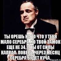 Ты орешь на то что у тебя мало серебра, но твой замок еще не 34, а ты от силы капрал. Поверь, через месяц серебра будет куча.