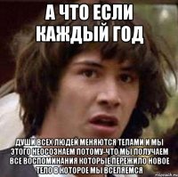 а что если каждый год души всех людей меняются телами и мы этого неосознаем потому-что мы получаем все воспоминания которые пережило новое тело в которое мы вселяемся