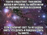 тебя не существует. твоя жизнь жалка и ничтожна. ты капля мочи на сидушке унитаза вселенной. если отключат свет, ты не будешь знать, что делать и пойдешь спать. ты никто.