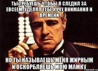 ты требуешь чтобы я следил за евсеем, уделял тебе кучу внимания и времени но ты называешь меня жирным и оскорбляешь мою мамку