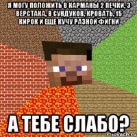 я могу положить в карманы 2 печки, 3 верстака, 8 сундуков, кровать, 15 кирок и еще кучу разной фигни а тебе слабо?