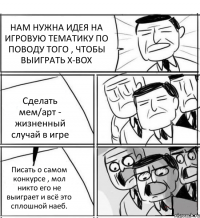 НАМ НУЖНА ИДЕЯ НА ИГРОВУЮ ТЕМАТИКУ ПО ПОВОДУ ТОГО , ЧТОБЫ ВЫИГРАТЬ X-BOX Сделать мем/арт - жизненный случай в игре Писать о самом конкурсе , мол никто его не выиграет и всё это сплошной наеб.