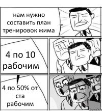 нам нужно составить план тренировок жима 4 по 10 рабочим 4 по 50% от ста рабочим