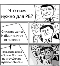 Что нам нужно для РВ? Снизить цены Избавить игру от читеров Повысить цены в 3 раза Посрать на игру Делать нубские обновы