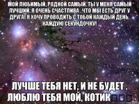 мой любимый, родной самый. ты у меня самый лучший, я очень счастлива , что мы есть друг у друга! я хочу проводить с тобой каждый день, каждую секундочку! лучше тебя нет, и не будет . люблю тебя мой, котик❤❤❤